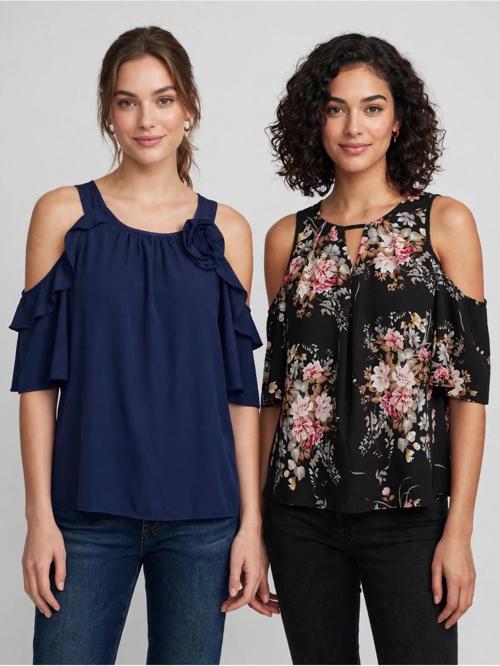 SHEIN Navy Cold-Shoulder Ruffle Top & Black Floral Cold-Shoulder Blouse Set